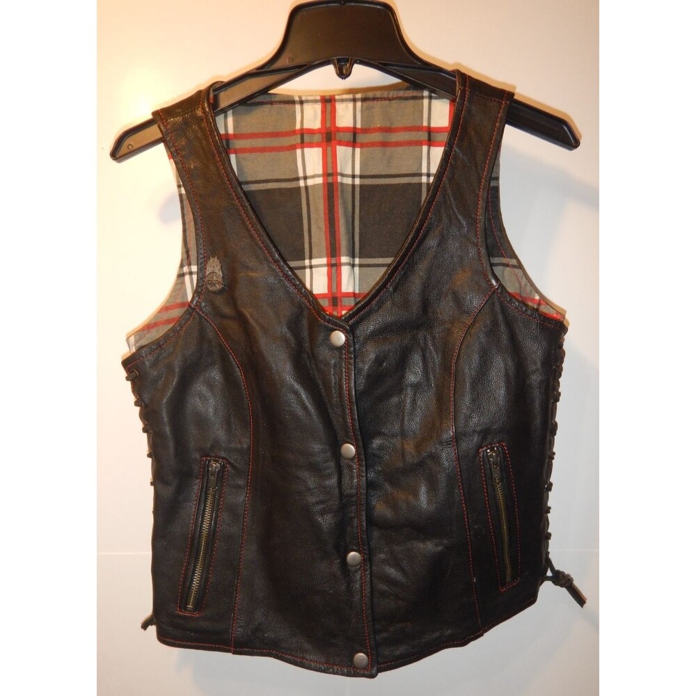 UNIK Lightweight Premium Leather Motorcycle Vest S Black Plaid Back Side Lace